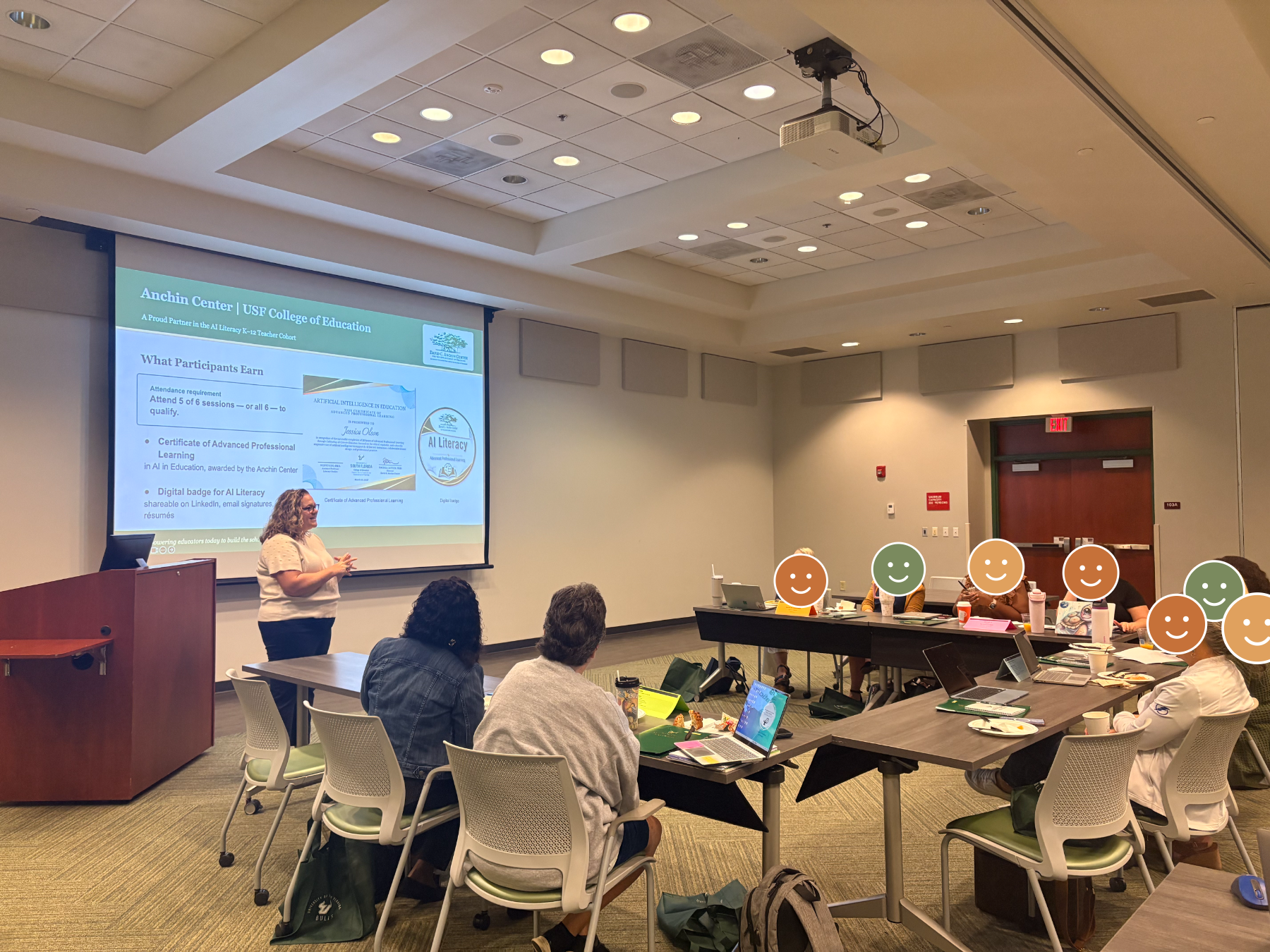 The facilitator presenting what cohort participants earn at the AI literacy kickoff